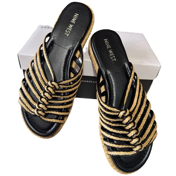 NINE WEST Adila2 woven sandal light natural 113 black and tan size 9.5. NWB - Picture 1 of 9